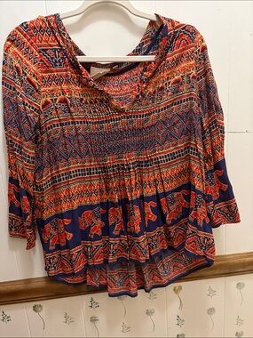 Boho Elephant Print Peasant Tunic in Navy & Rust